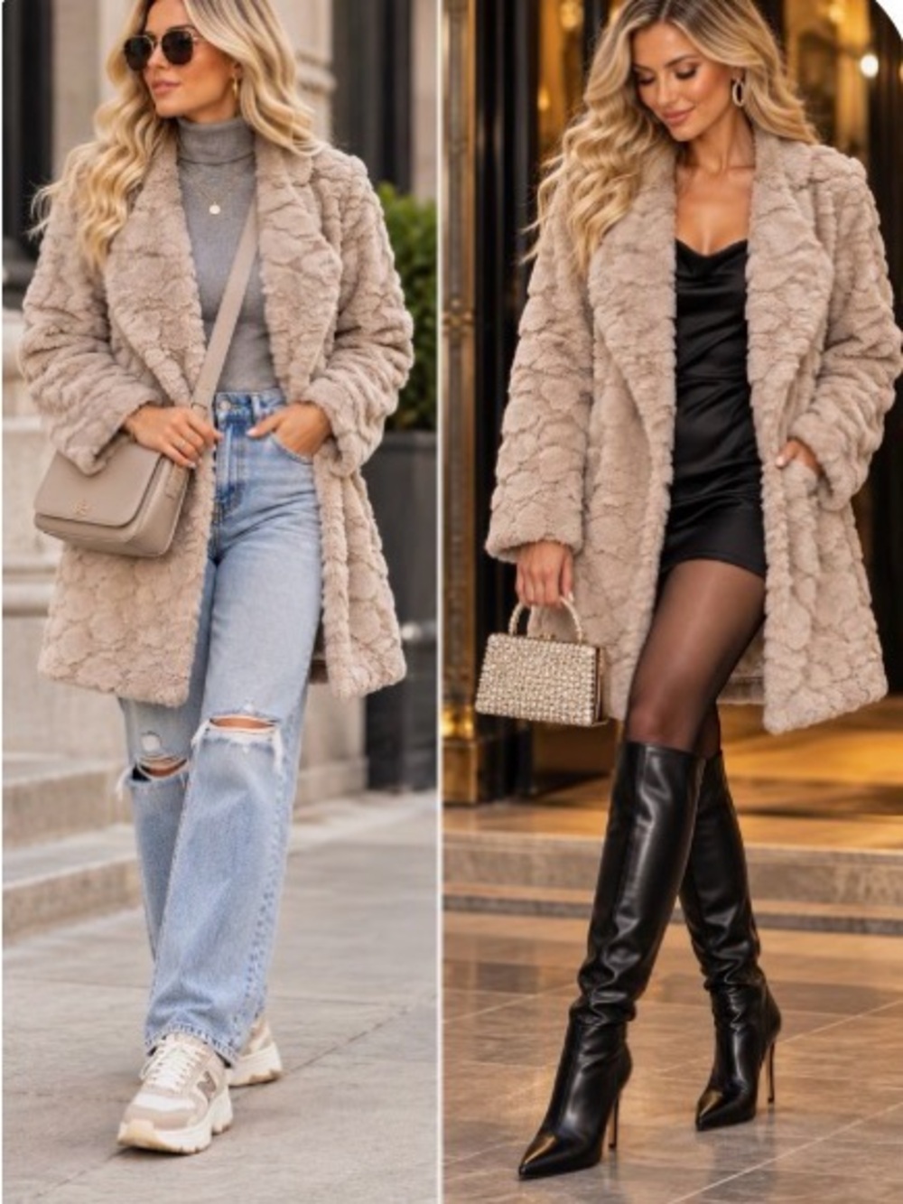 Altar'd State Taupe Textured Plush Faux Fur Open Front Coat Jacket Size S